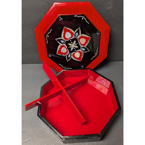 Vtg Mother of Pearl Inlaid Lacquer Wood Box 9.75" Octagon Keepsake Jewelry Decor - Picture 4 of 11